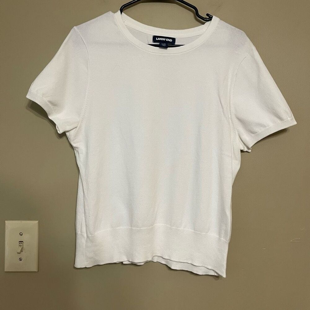 Lands End Women’s White Short Sleeve Shirt Knit Cotton Petite Large
